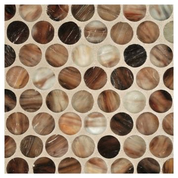 3/4" glass penny round tile in Cypress Brown color with a silk finish.
