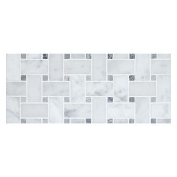 Basketweave mosaic tile in honed Carrara marble with Grey dots.