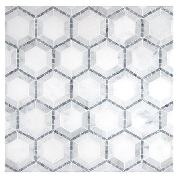 Concentric Hexagon mosaic tile in polished Carrara, East White and Mugwort marble.