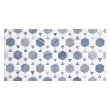 1" Mini Hexalogon mosaic in polished Thassos and Blue Ronse Macaubas marble.