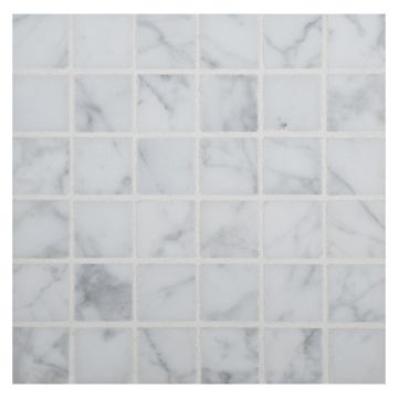 3/4" square mosaic in honed carrara marble.