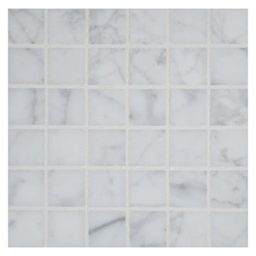 3/4" square mosaic in polished carrara marble.