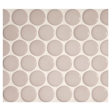 1" porcelain penny round mosaic tile in gloss finished Light Iveny color.