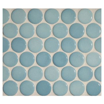1" porcelain penny round mosaic tile in gloss finished Agua Azul color.