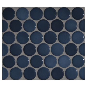 1" porcelain penny round mosaic tile in gloss finished Iron Azul color.