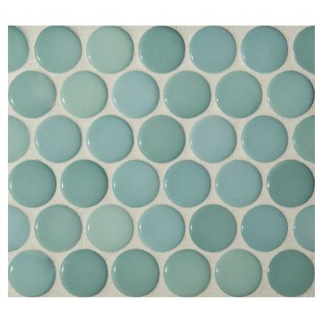 1" porcelain penny round mosaic tile in gloss finished Ocean Green color.
