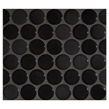 1" porcelain penny round mosaic tile in gloss finished Midnight Black color.