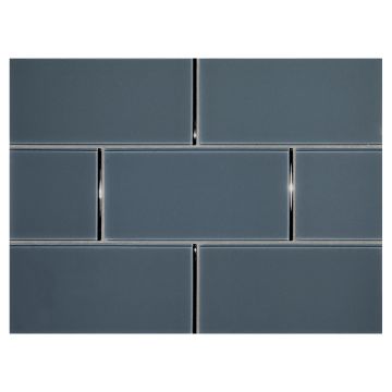 3" x 6"  glass subway tile in Camelot Gray color with a gloss finish.