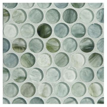 3/4" glass penny round tile in Selium color with a silk finish.