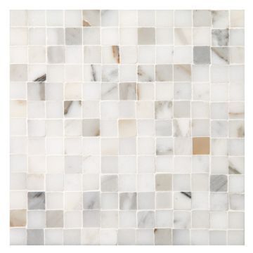 3/8" Square tight joint mosaic in polished Calacatta marble.