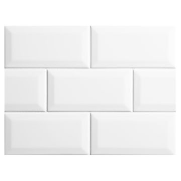 3" x 6" beveled ceramic tile in white with a gloss finish.