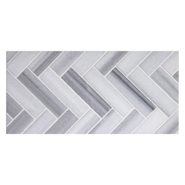1" x 4" herringbone mosaic in polished Grey Striato marble.