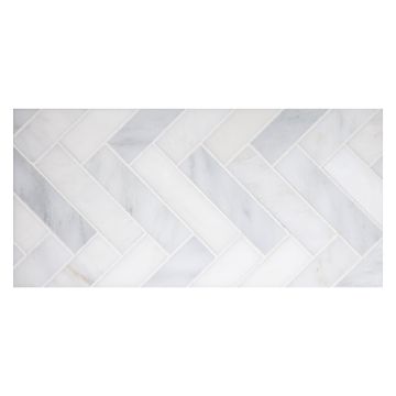1" x 4" herringbone mosaic in polished arcello marble.
