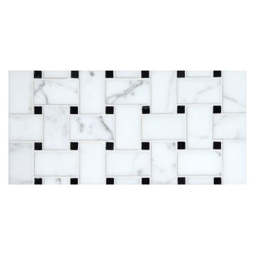 Basketweave mosaic in polished statuary marble with black dot.