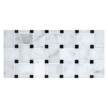 Basketweave mosaic in honed Carrara marble with Nero Marquina dot.