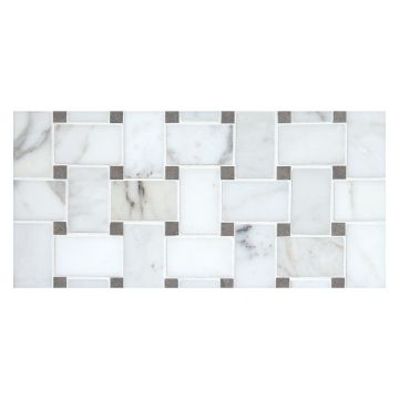 Basketweave mosaic in polished Calacatta marble with Lavora Blue dot.
