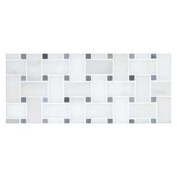 Basketweave mosaic in Blanco Nieve marble with Blue Dream dot.