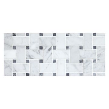 Basketweave mosaic in honed carrara marble with bardiglio turno dot.