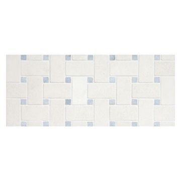 Basketweave mosaic in Crema Macon limestone with Blue Celeste marble dot.