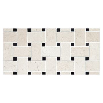 Basketweave mosaic in polished bourges beige marble with black dot.
