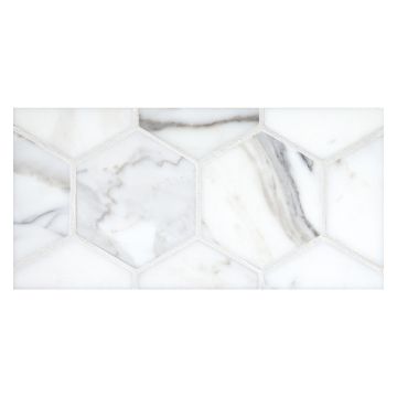4" Hexagon mosaic in honed Calacatta marble.