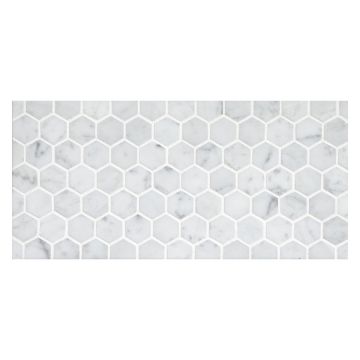 1" hexagon mosaic tile in honed Bianco Carrara marble.