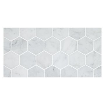 2" hexagon mosaic tile in honed Carrara Claro Premium marble.