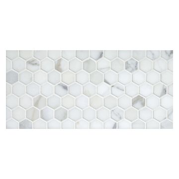 1" Hexagon mosaic tile in honed Calacatta marble.