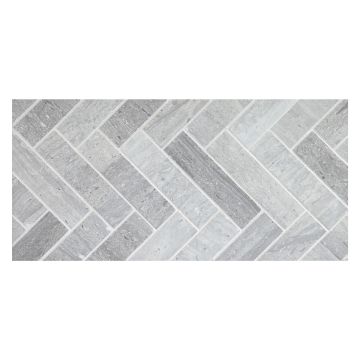 1" x 4" Herringbone mosaic tile in honed Azulo Grey limestone.