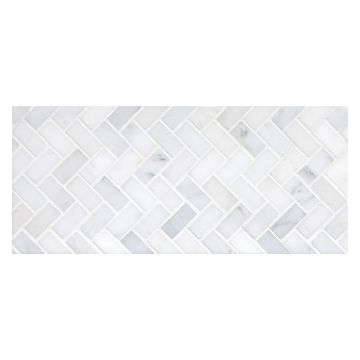 5/8" x 1-1/4" Herringbone mosaic tile in honed White Blossom marble.