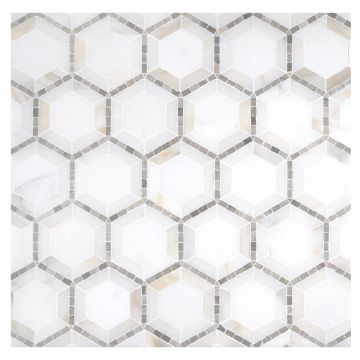 Concentric Hexagon mosaic tile in Calacatta, East White and Smoke marble.