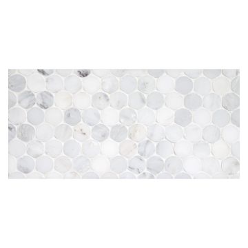 1" penny round mosaic tile in polished White Blossom marble.
