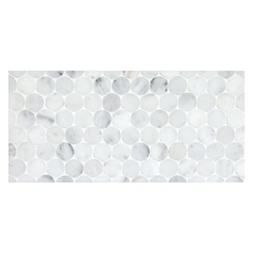 1" penny round mosaic tile in honed Carrara Claro Premium marble.