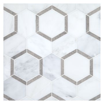 Reflectagon mosaic tile in White Blossom and Cinderella Grey marble.