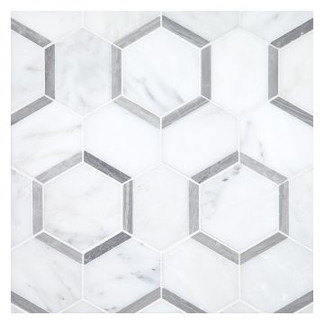 Reflectagon mosaic tile in White Blossom marble and Azulo Grey limestone.