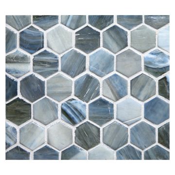1" Hexagon glass mosaic in Pesta color with a pearl finish.