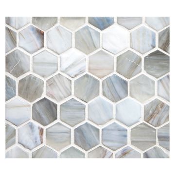 1" Hexagon glass mosaic in Bai color with a silk finish.