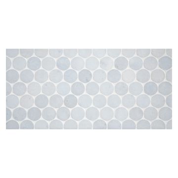 1" penny round mosaic tile in polished Blue Caress Light marble.