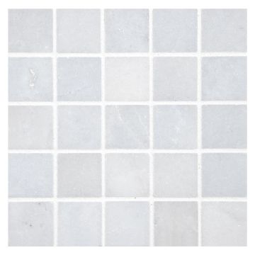 1" square mosaic tile in polished Blue Caress Light marble.