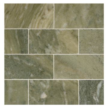 3" x 6" subway tile in polished Canopy Green marble.
