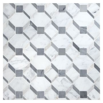 Binton's Blocks mosaic tile in Carrara, Gris De Bleu and Bardiglio marble.