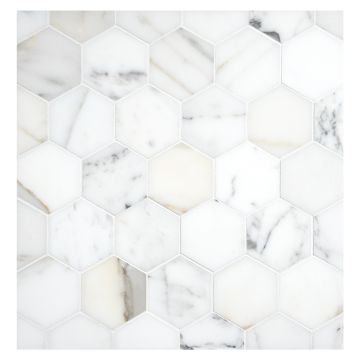 2-1/4" Hexagon mosaic in polished Calacatta Gold marble.