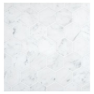 2-1/4" Hexagon mosaic in polished Carrara marble.