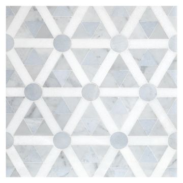 Mercator mosaic tile in Thassos, Carrara Claro Light, and Blue Caress Light marble.