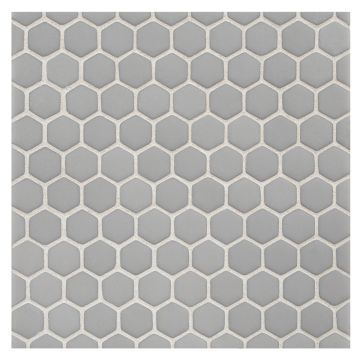 5/8" Mini hexagon glass mosaic in Un-Grey with a matte finish.