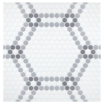 Hexandra glass mosaic in White, Light Gray and Medium gray with a matte finish.