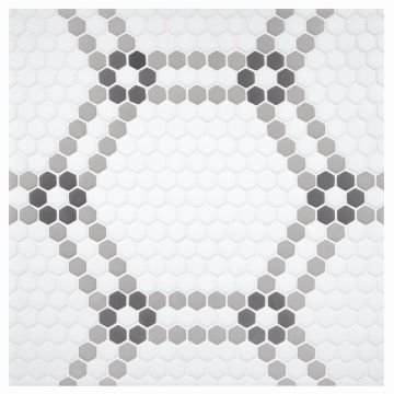 Hexandra glass mosaic in White, Un-Grey and Brown with a matte finish.