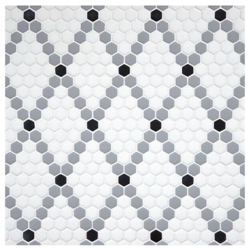 Lantern Lattice glass mosaic in White, Light Gray and Black with a matte finish.