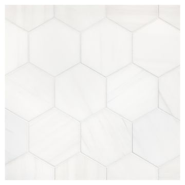 3-1/2" Hexagon mosaic tile in honed Dolomiti marble.