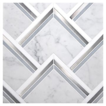 Aliston mosaic tile in Carrara, Thassos and Bardiglio marble with Stainless steel accents.